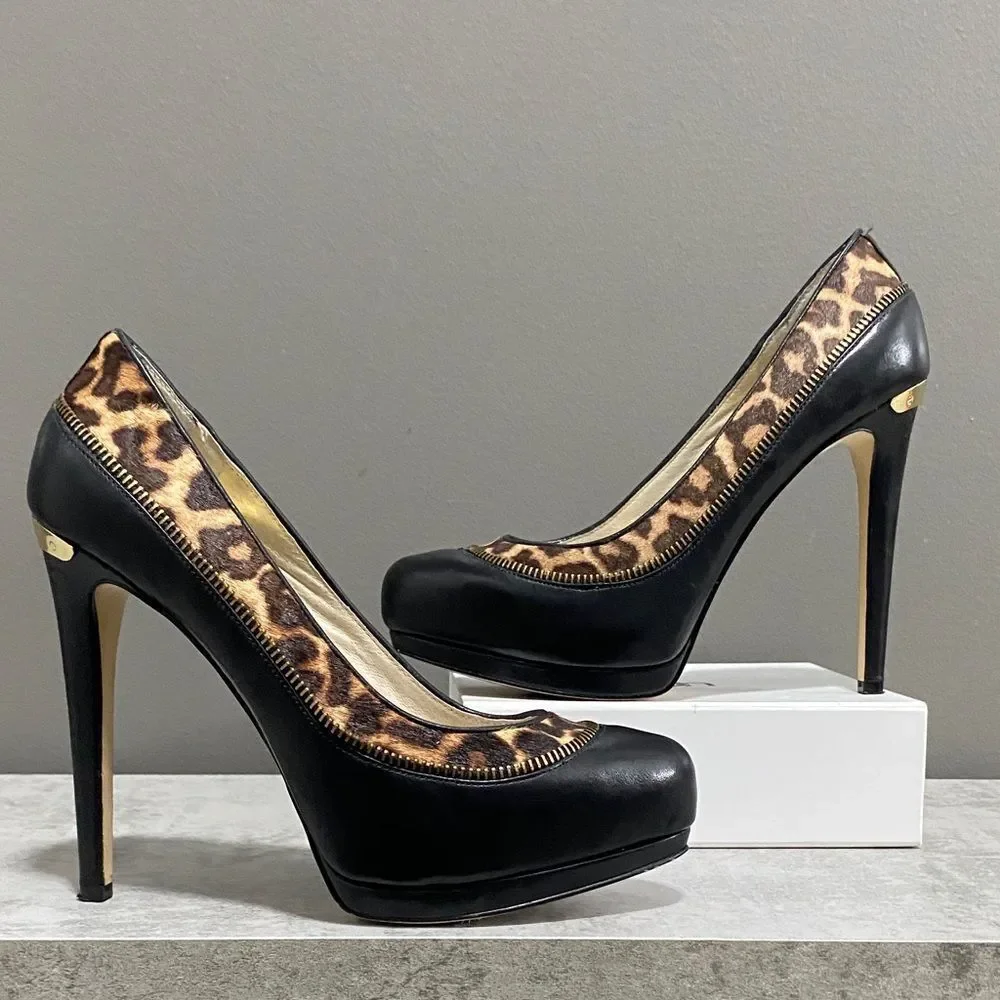 Michael Kors Leopard Cowhide and Black Stiletto Heels Size 8